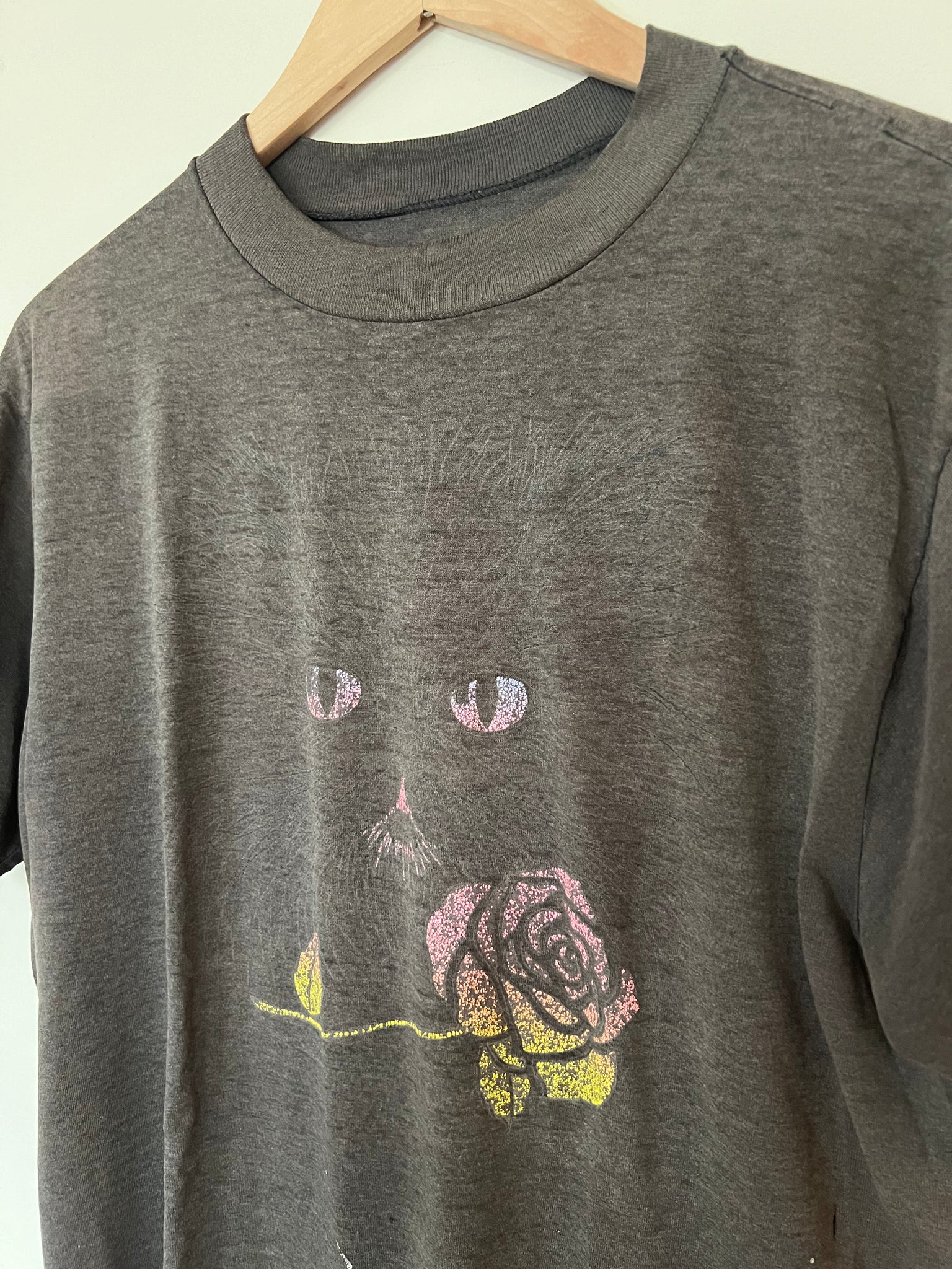 Vintage Faded Black Cat and Rose Neon Graphic Tee