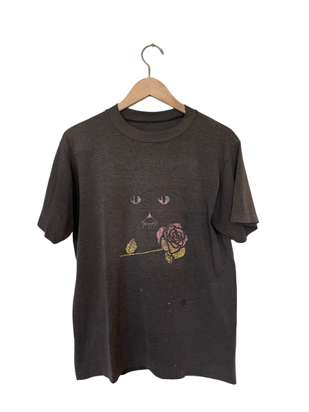 Vintage Faded Black Cat and Rose Neon Graphic Tee